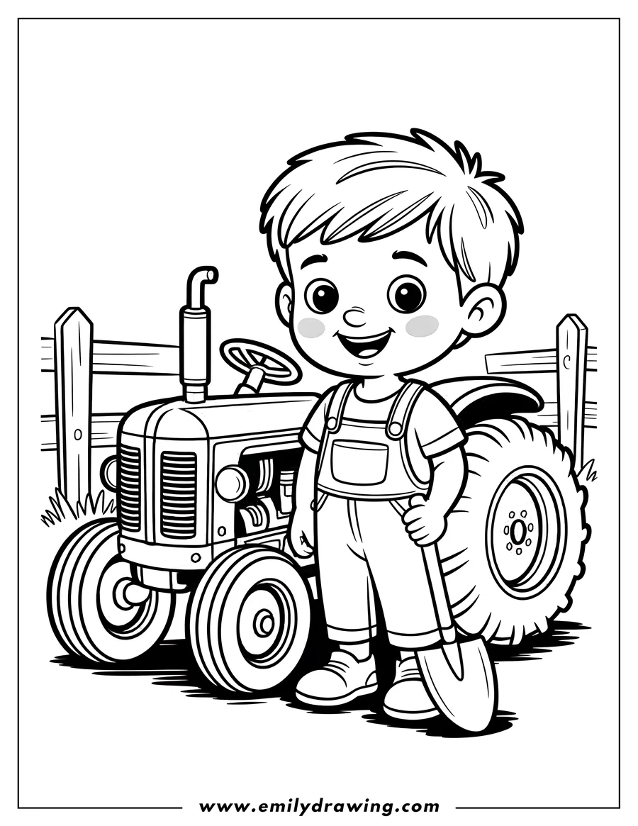 Line art of a young boy in overalls holding a shovel and standing next to a tractor on a farm.