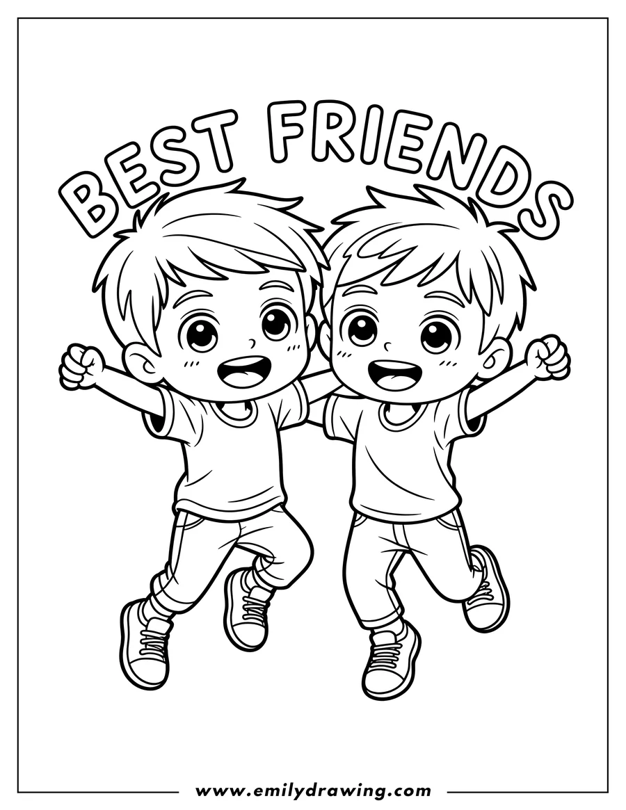 Line art of two happy boys jumping and holding hands, wearing t-shirts, jeans, and sneakers.