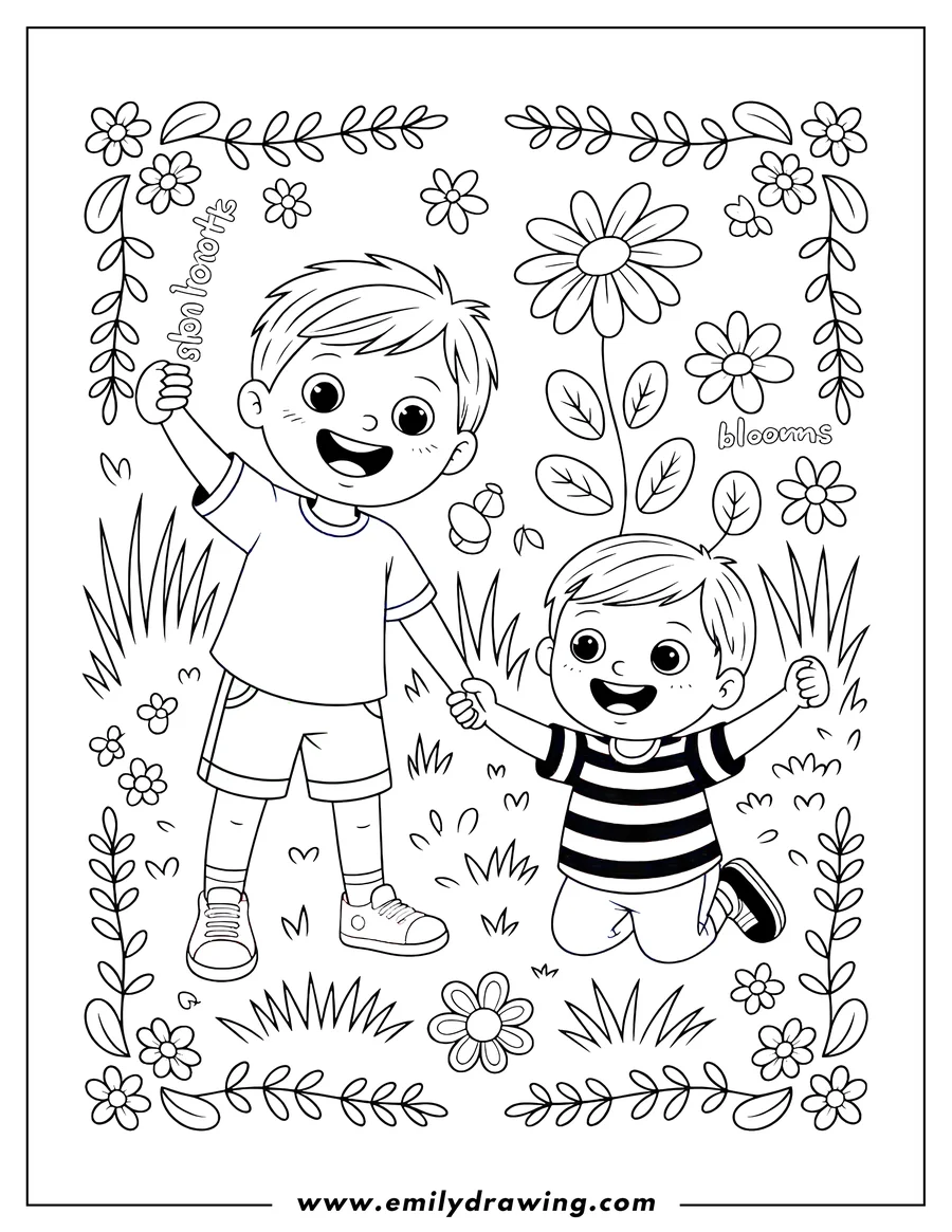 Two young boys holding hands in a field with blooming flowers and grass. One boy is standing and one is kneeling.
