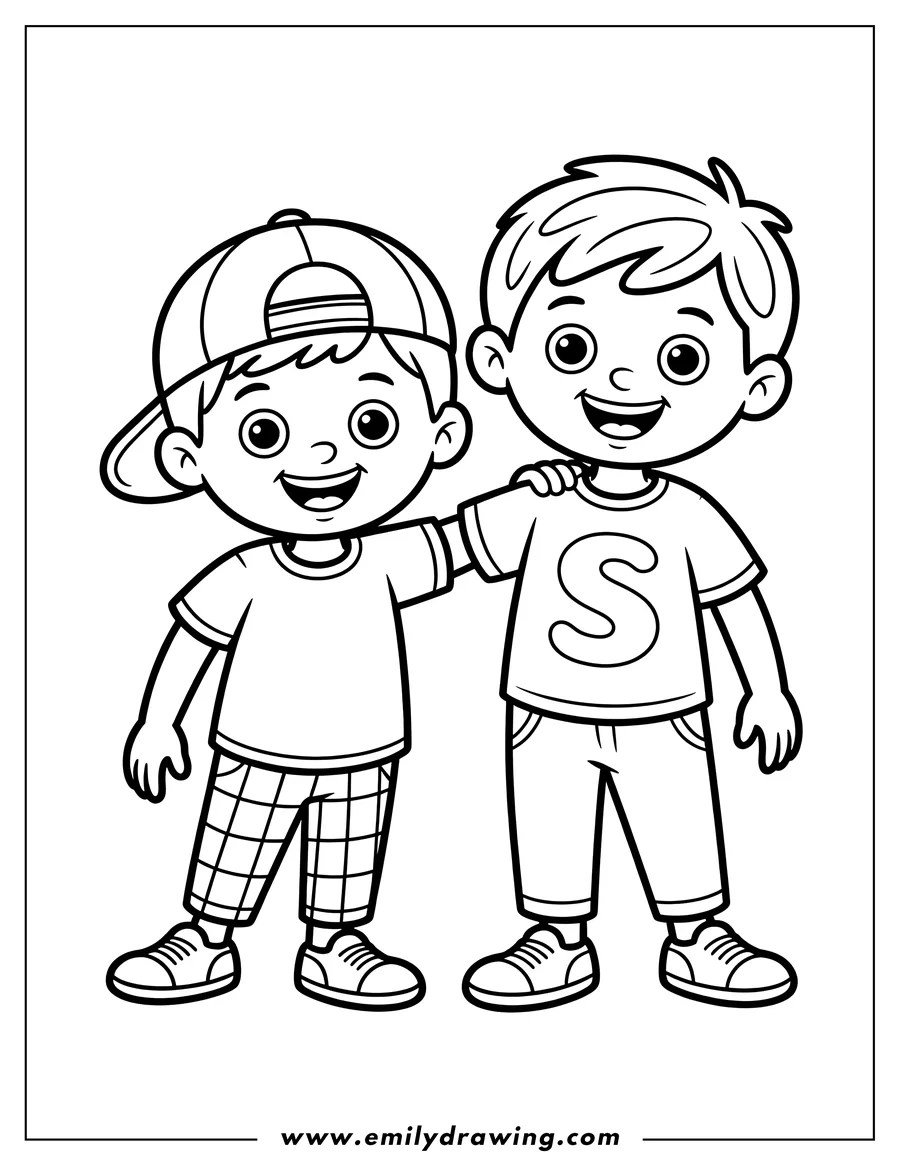Line art of two young boys with big smiles, hugging each other. One boy wears a backwards baseball cap and plaid pants. The other boy wears a shirt with a large letter 'S'.