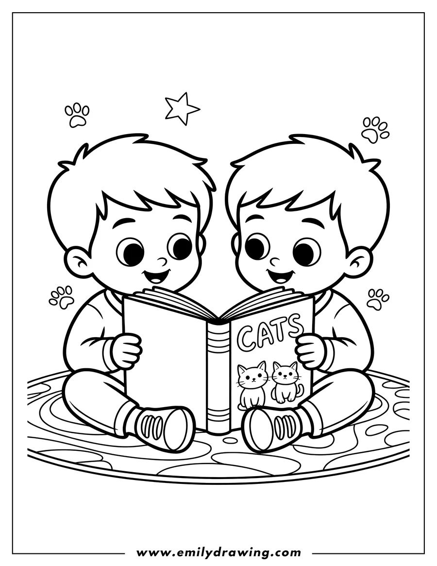Two young boys sitting and smiling while reading a book about cats.