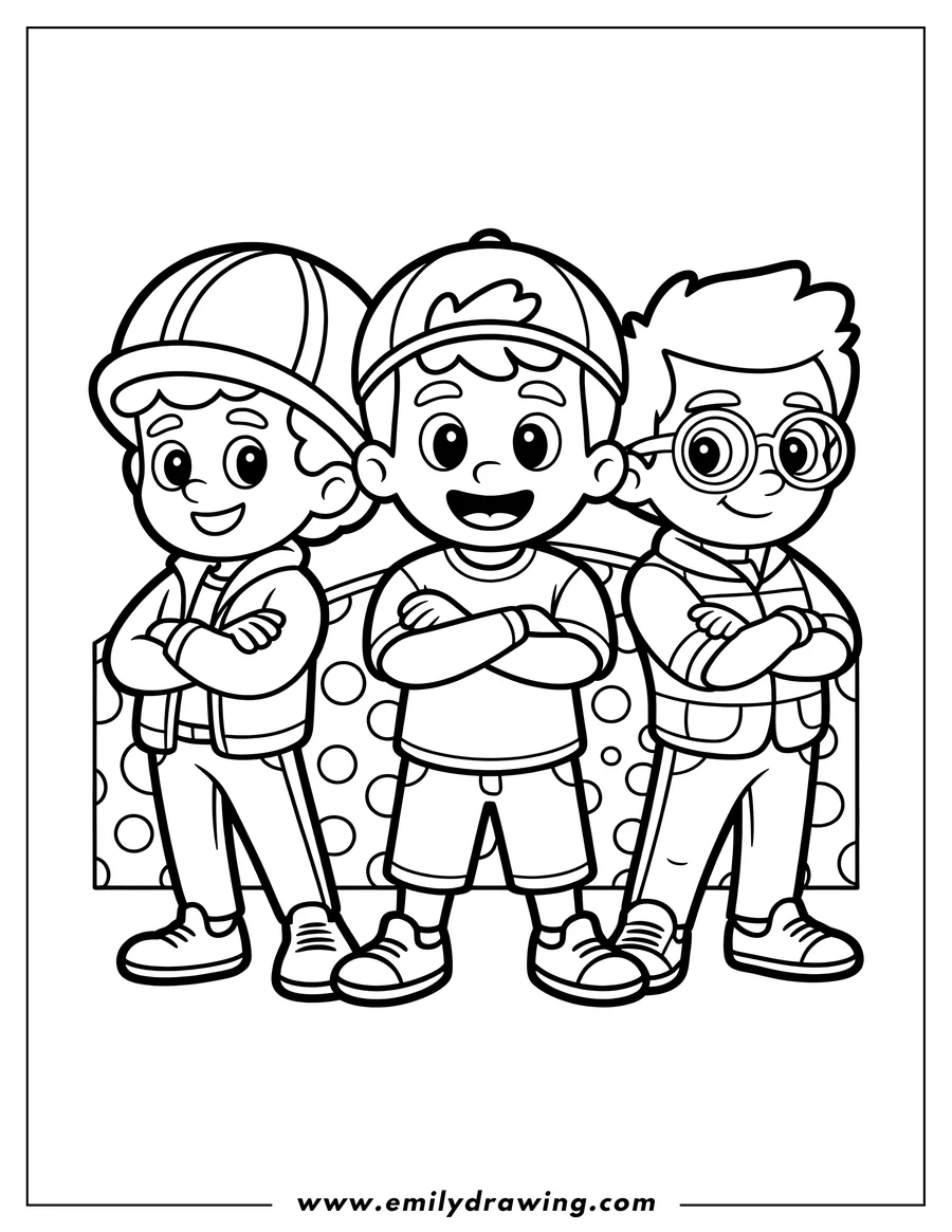 Three boys standing side by side with their arms crossed.