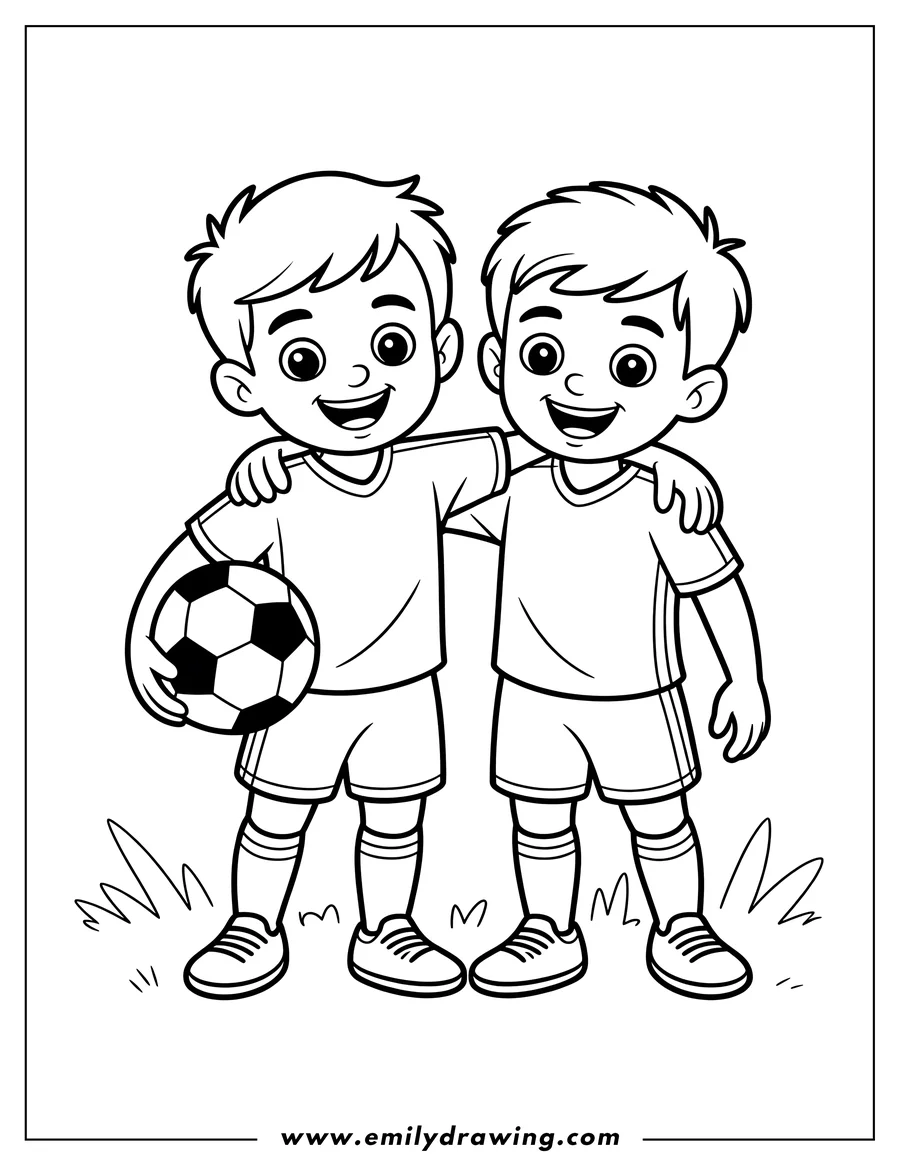 Line art of two boys with arms around each other. One boy is holding a soccer ball. They are both smiling and wearing sports uniforms.