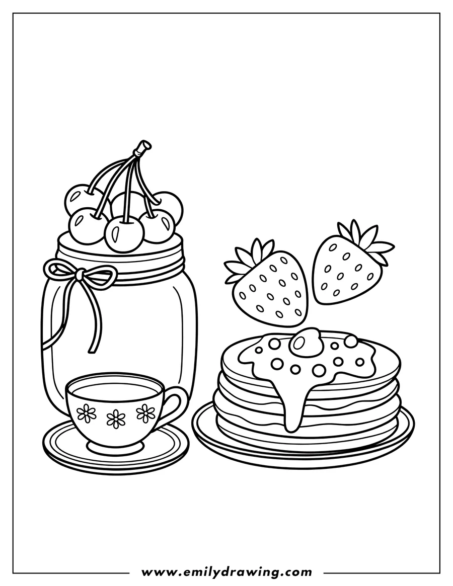 Outline of a breakfast scene with pancakes, syrup, a teacup, cherries in a jar, and strawberries.
