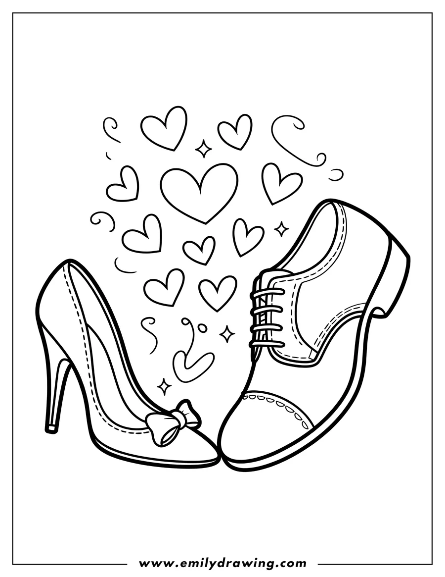 Line art of a bride's high-heeled shoe with a bow and a groom's laced shoe, surrounded by floating hearts.