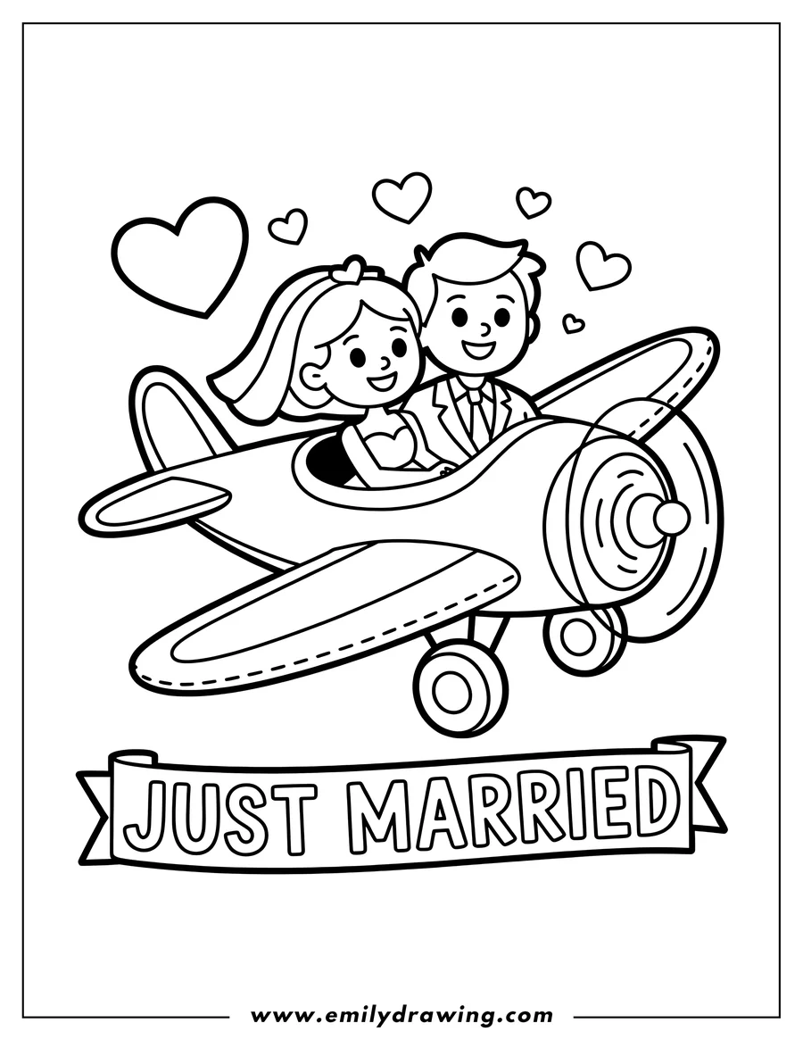 Line art of a bride and groom sitting inside a small airplane, a 'Just Married' banner below. Hearts float around them.