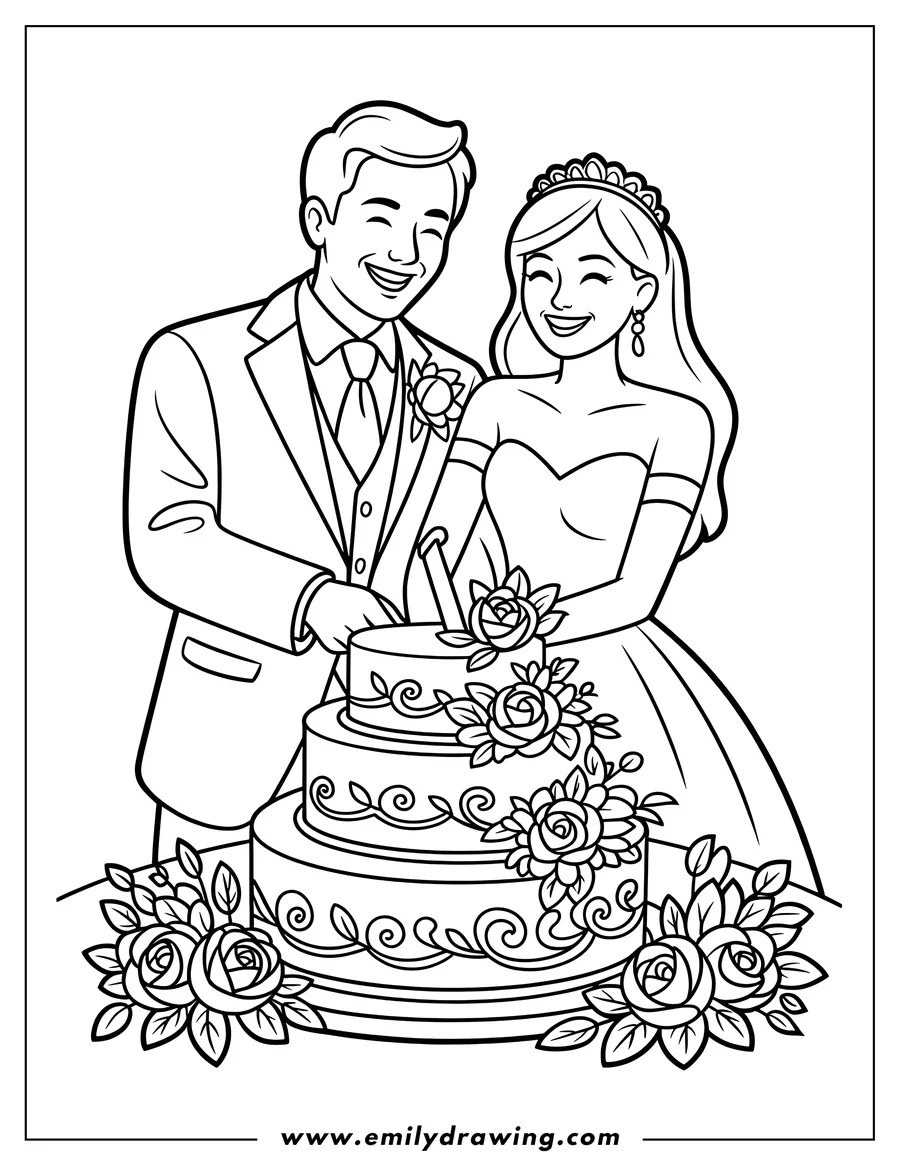 Outline of a bride and groom smiling as they cut their wedding cake decorated with roses.