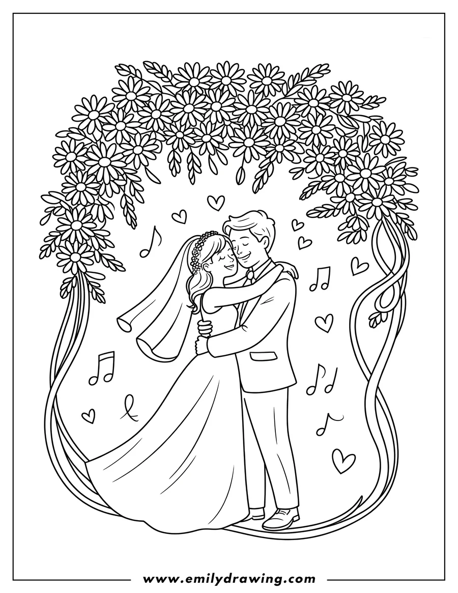 Line art of a bride and groom embracing under a floral arch. Musical notes and hearts float around them, adding to the romantic atmosphere.