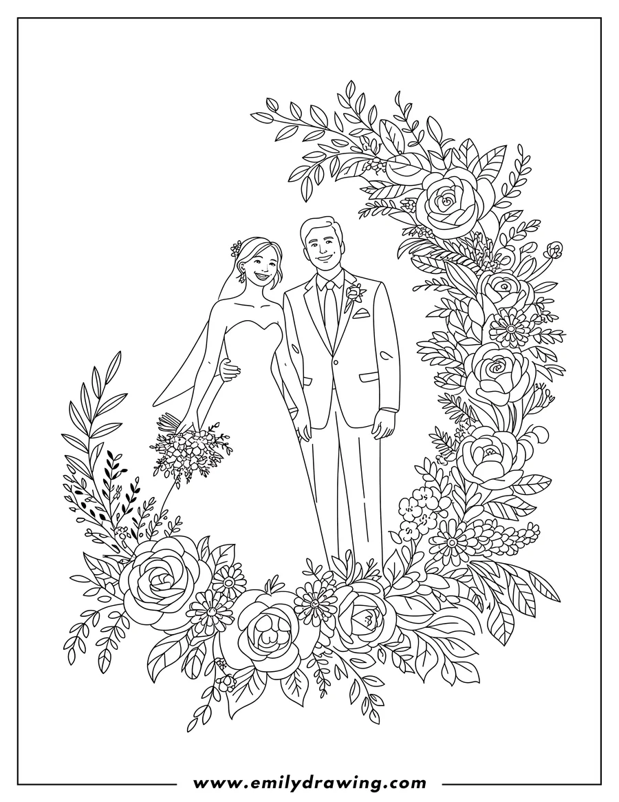 Line art of a bride and groom standing within a decorative floral wreath. The bride holds a bouquet and wears a veil, and the groom is dressed in a suit with boutonniere.