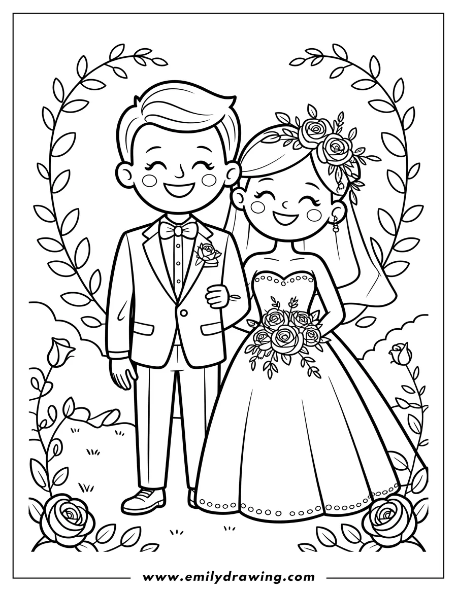 Outline of a bride and groom smiling at their wedding. The bride wears a gown and veil, holding a bouquet. The groom wears a suit with a boutonniere. Rose garland and foliage frame the couple.