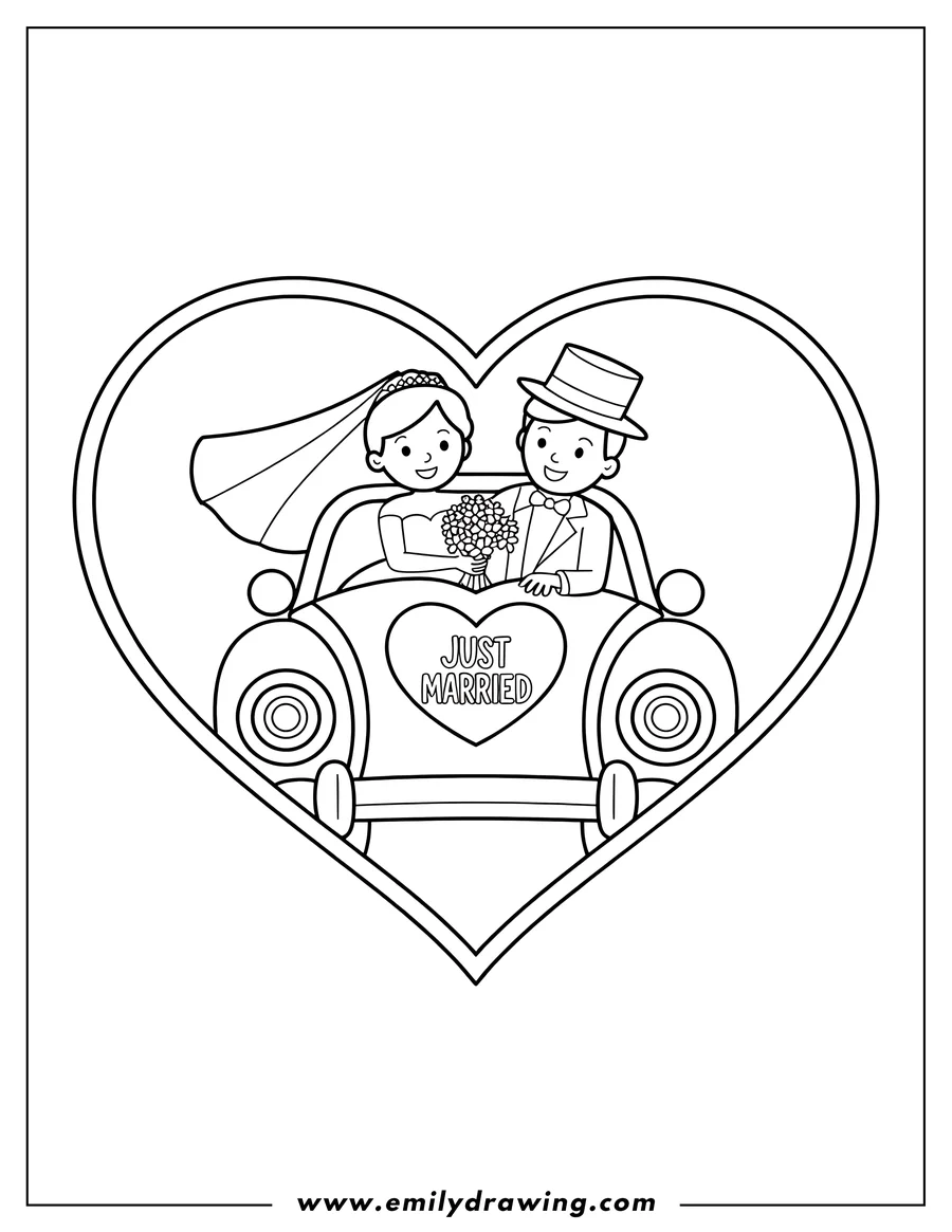Outline of a bride and groom sitting in a just married car, inside a heart shape.