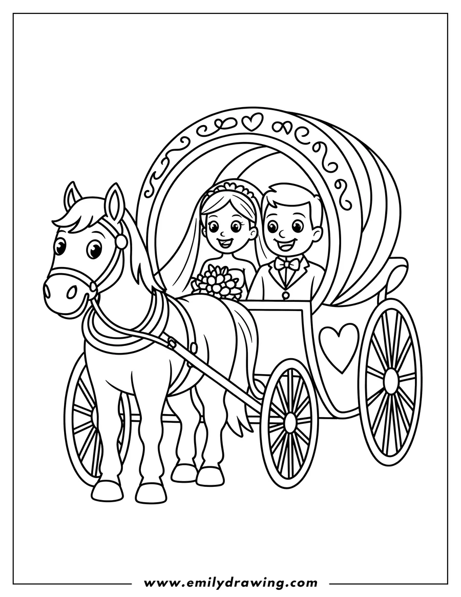 Line art of a bride and groom sitting in a horse-drawn carriage. The bride holds a bouquet, and the groom wears a tuxedo. The carriage has decorative hearts and swirls, and the horse wears a bridle.