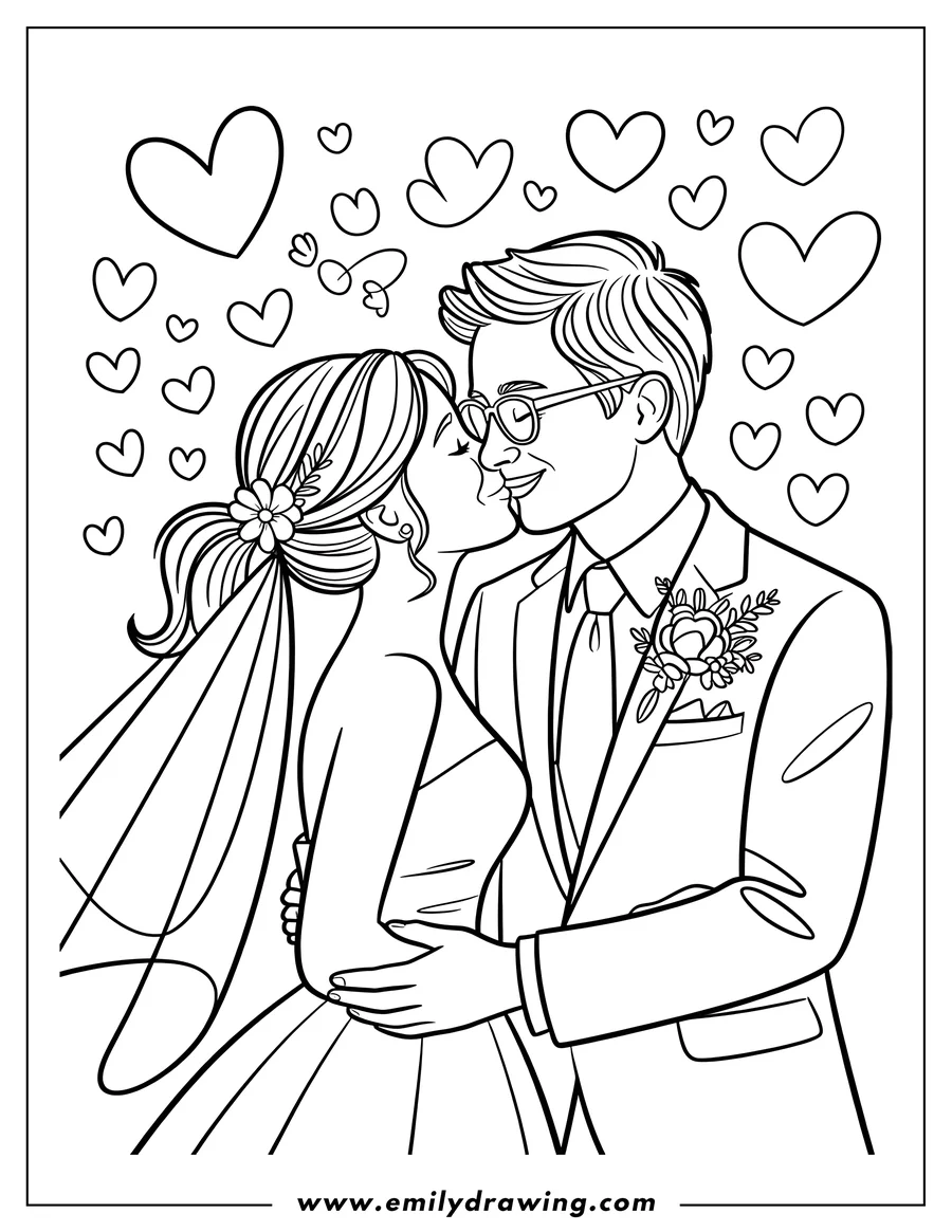 Line art of a bride and groom kissing. The bride wears a veil and a flower in her hair. The groom wears a suit with a boutonniere. Hearts float around them.