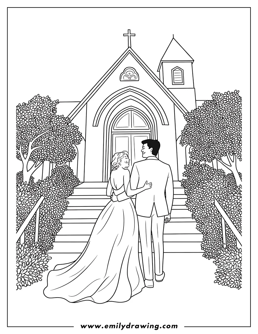 Outline of a bride and groom walking down the steps of a church after their wedding ceremony.