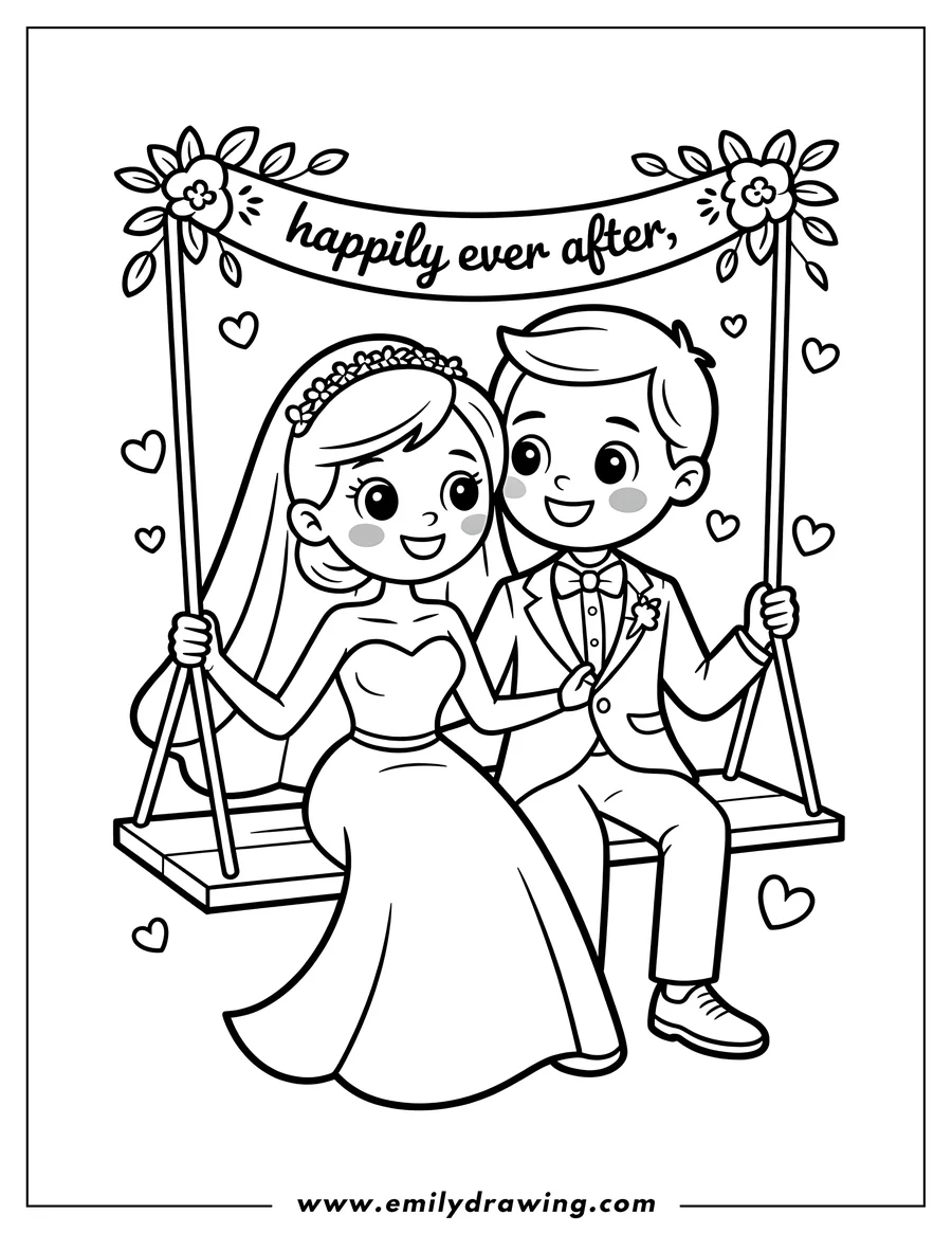 Outline of a bride and groom sitting together on a swing, with a