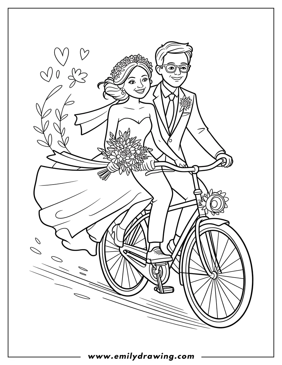 Outline of a bride and groom riding a bicycle, the bride holding a bouquet and the groom steering. Decorated with flowers and hearts.