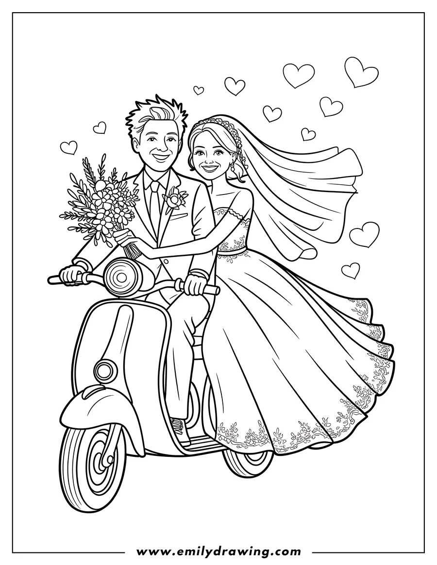 Outline of a bride and groom riding a scooter, hearts and a bouquet of flowers. Perfect picture to color for a wedding.