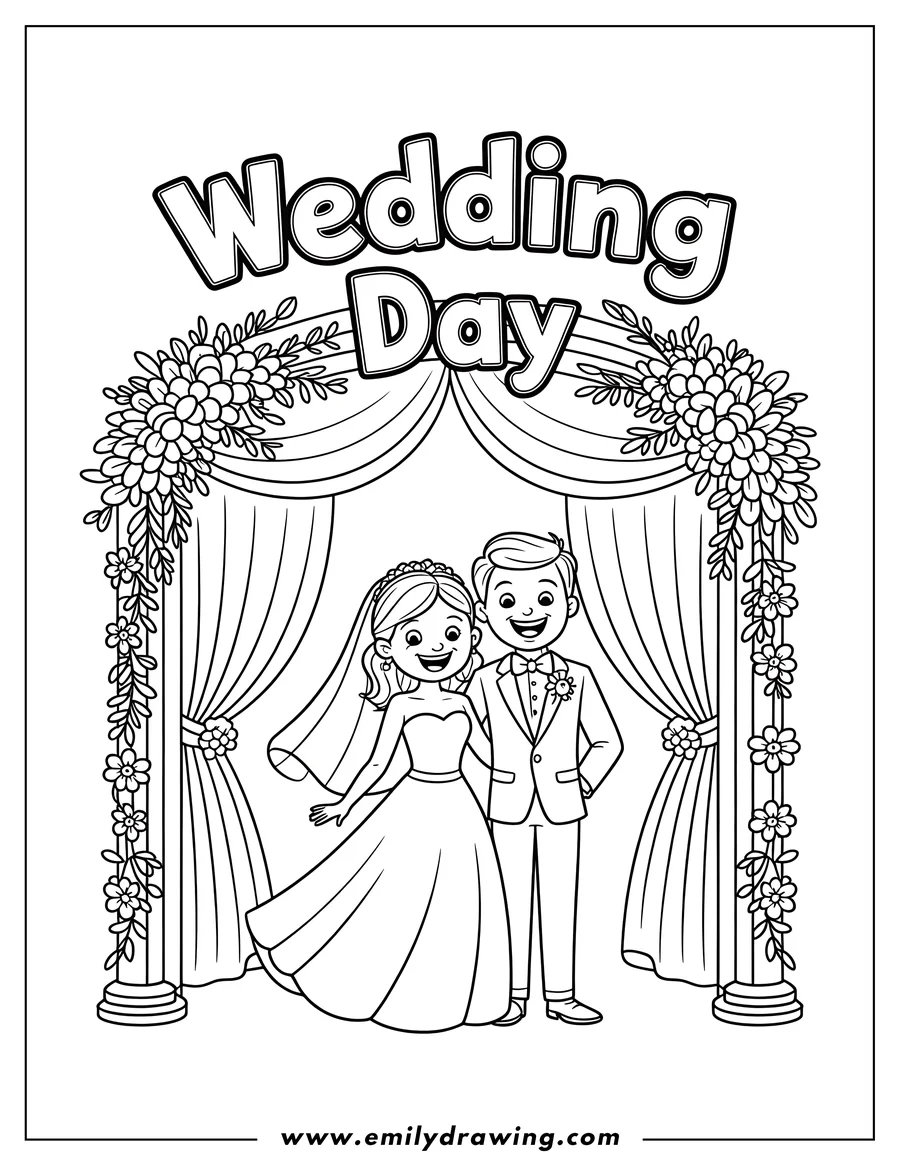 Line art of a bride and groom standing under a decorated wedding arch. The bride wears a flowing dress and veil, while the groom is in a suit. They both appear happy and excited.