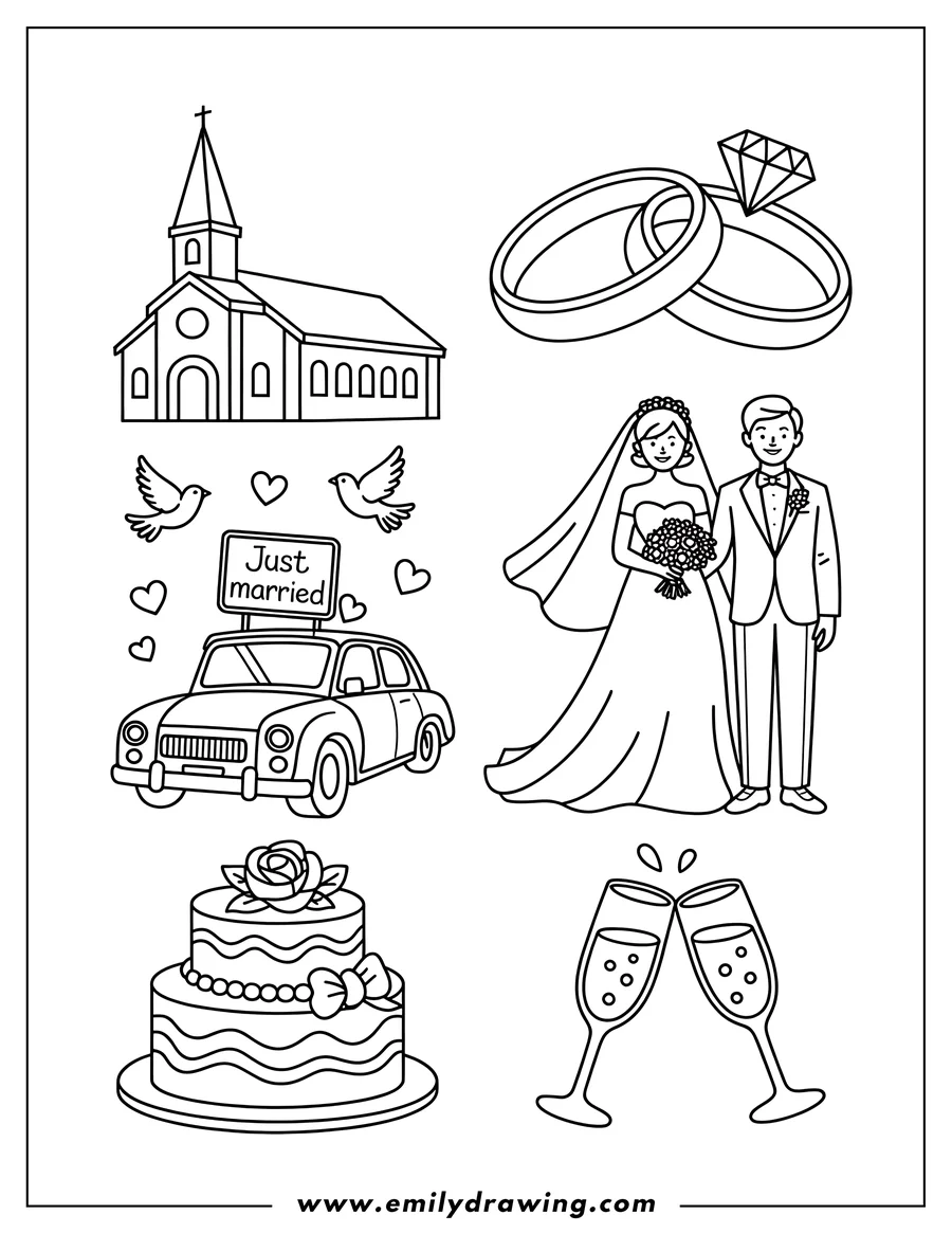 Line art illustration of a bride and groom on their wedding day. The bride holds a bouquet, and the groom wears a tuxedo. Additional elements include wedding rings, a church, a