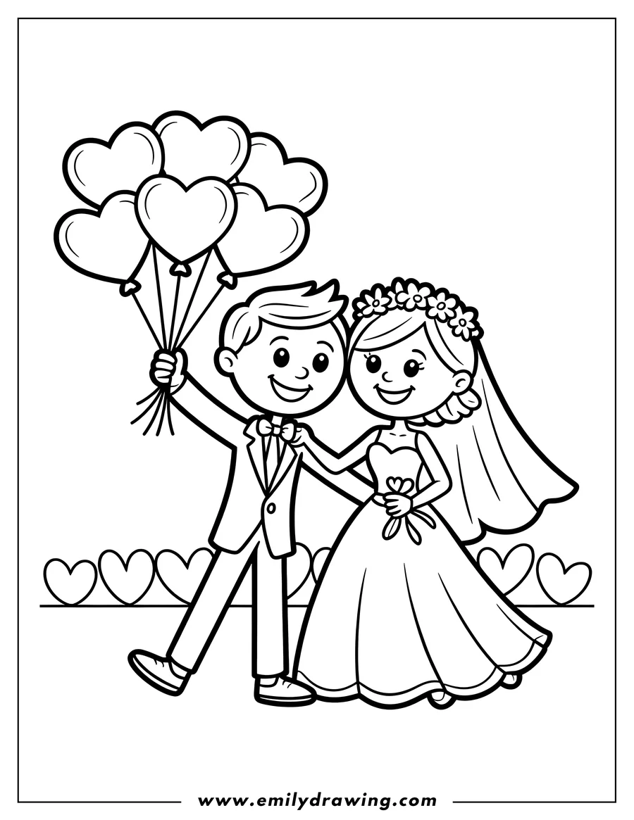 Outline of a bride and groom on their wedding day. The groom holds heart-shaped balloons, and the bride carries a small bouquet. A row of hearts decorates the background.