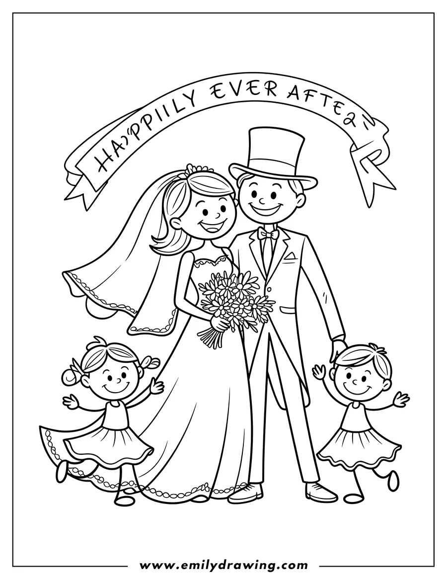 Outline of a bride and groom holding hands with two flower girls, under a banner reading 'Happily Ever After'