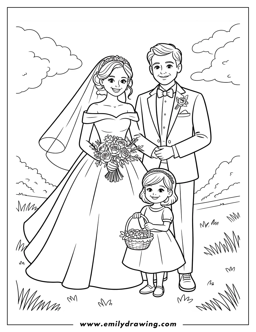 Line art of a bride, groom, and flower girl at a wedding. The bride holds a bouquet, and the flower girl has a basket of flowers.