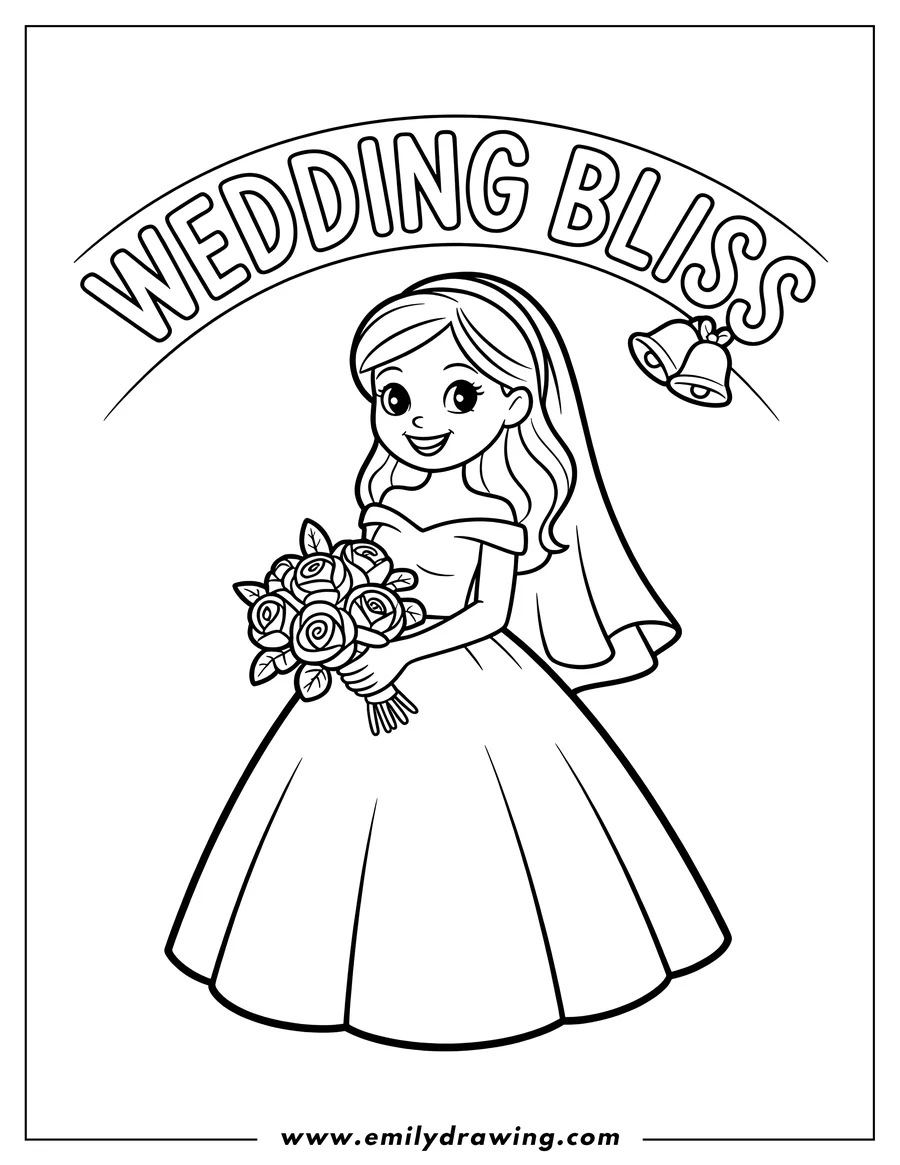 Line art of a smiling bride holding a bouquet of roses. She's wearing a long dress and veil.