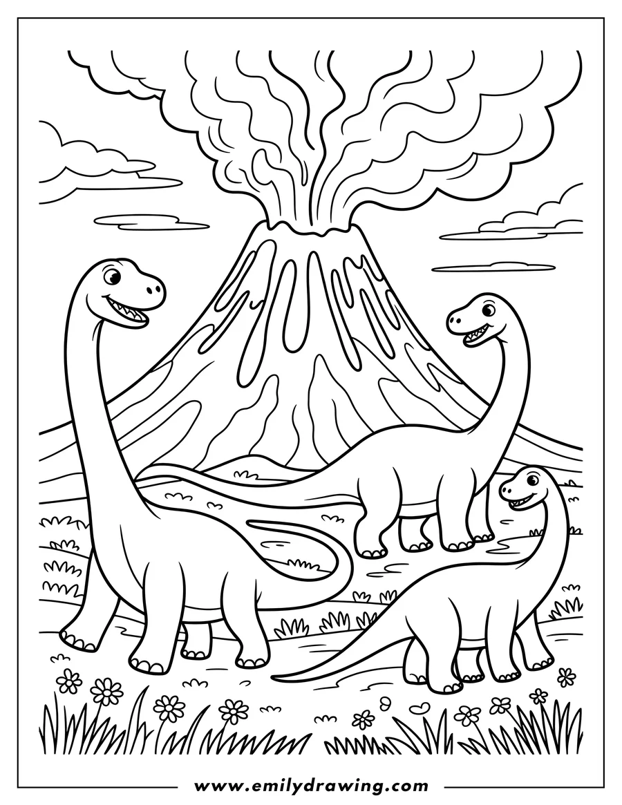 Outline of three brontosaurus dinosaurs near an erupting volcano. Flowers and grass are at their feet.