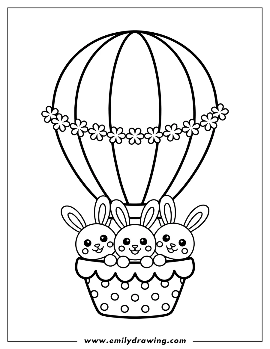 Outline of three bunnies riding in a hot air balloon decorated with a flower garland. The bunnies are smiling as they float in the basket.