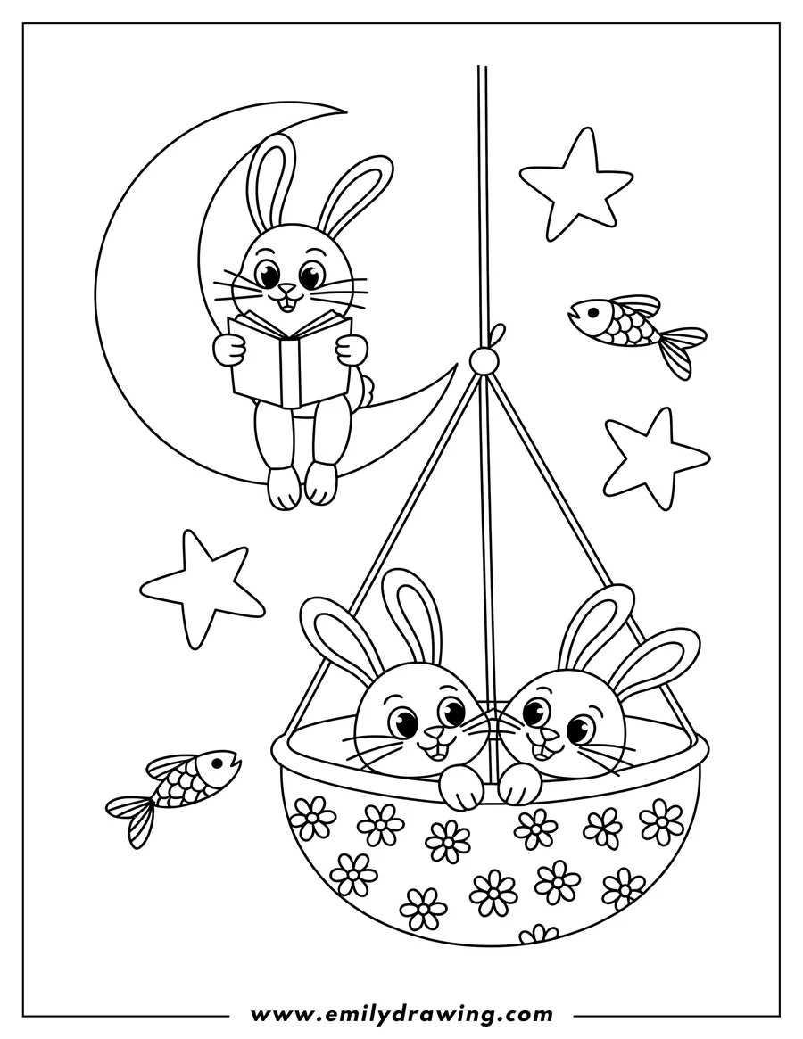 Outline of a bunny reading a book while sitting on the crescent moon, with two other bunnies in a flower-decorated basket hanging nearby, accompanied by stars and fish.