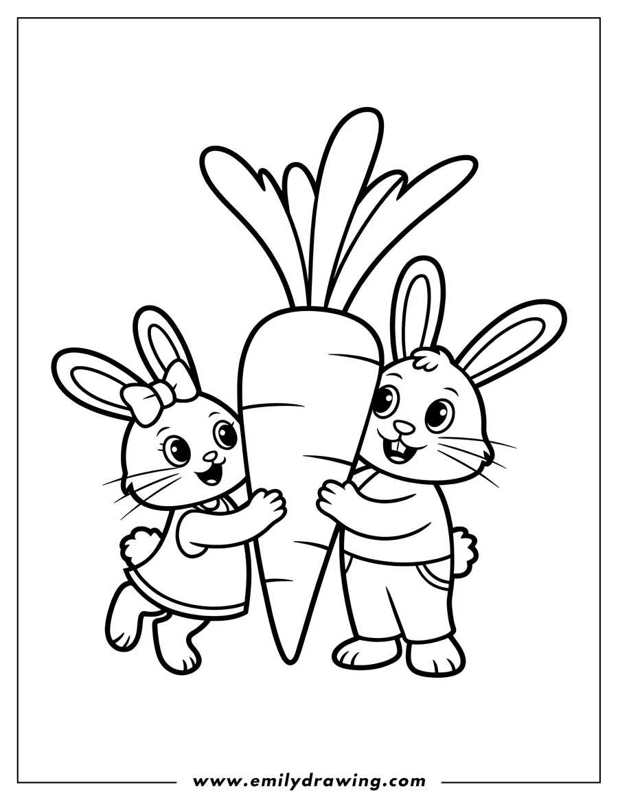 Two bunnies hugging a large carrot. One bunny wears a bow, the other overalls.