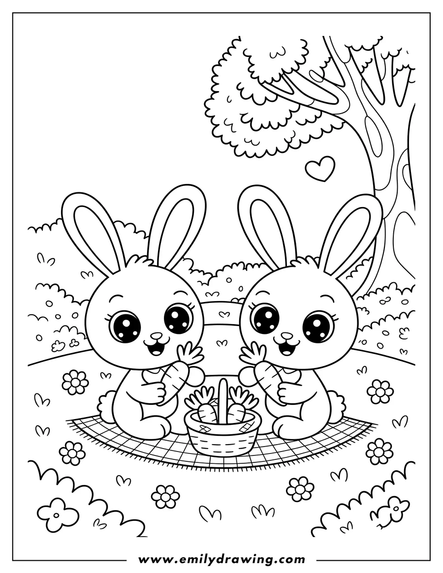 Two bunnies sit on a blanket with a basket of carrots.  Flowers and a tree are in the background.
