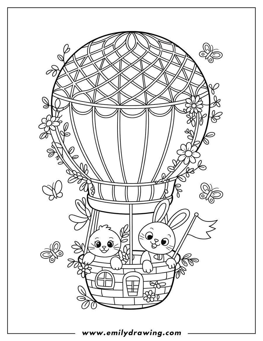 Outline of a bunny and a seal riding in a hot air balloon decorated with flowers and leaves, with butterflies fluttering nearby.