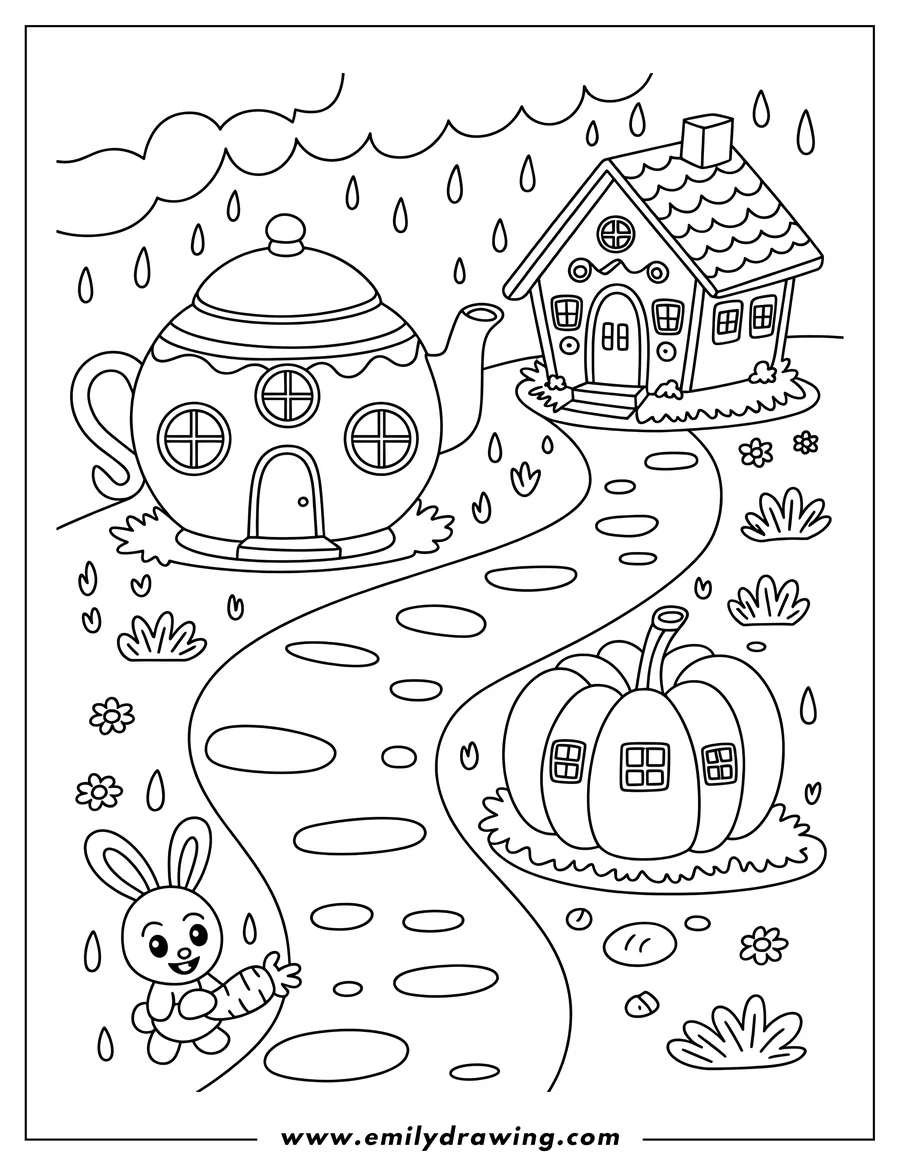 Line art of a bunny holding a carrot, a teapot-shaped house, and a pumpkin-shaped house in the rain. Various plants and puddles are also depicted.