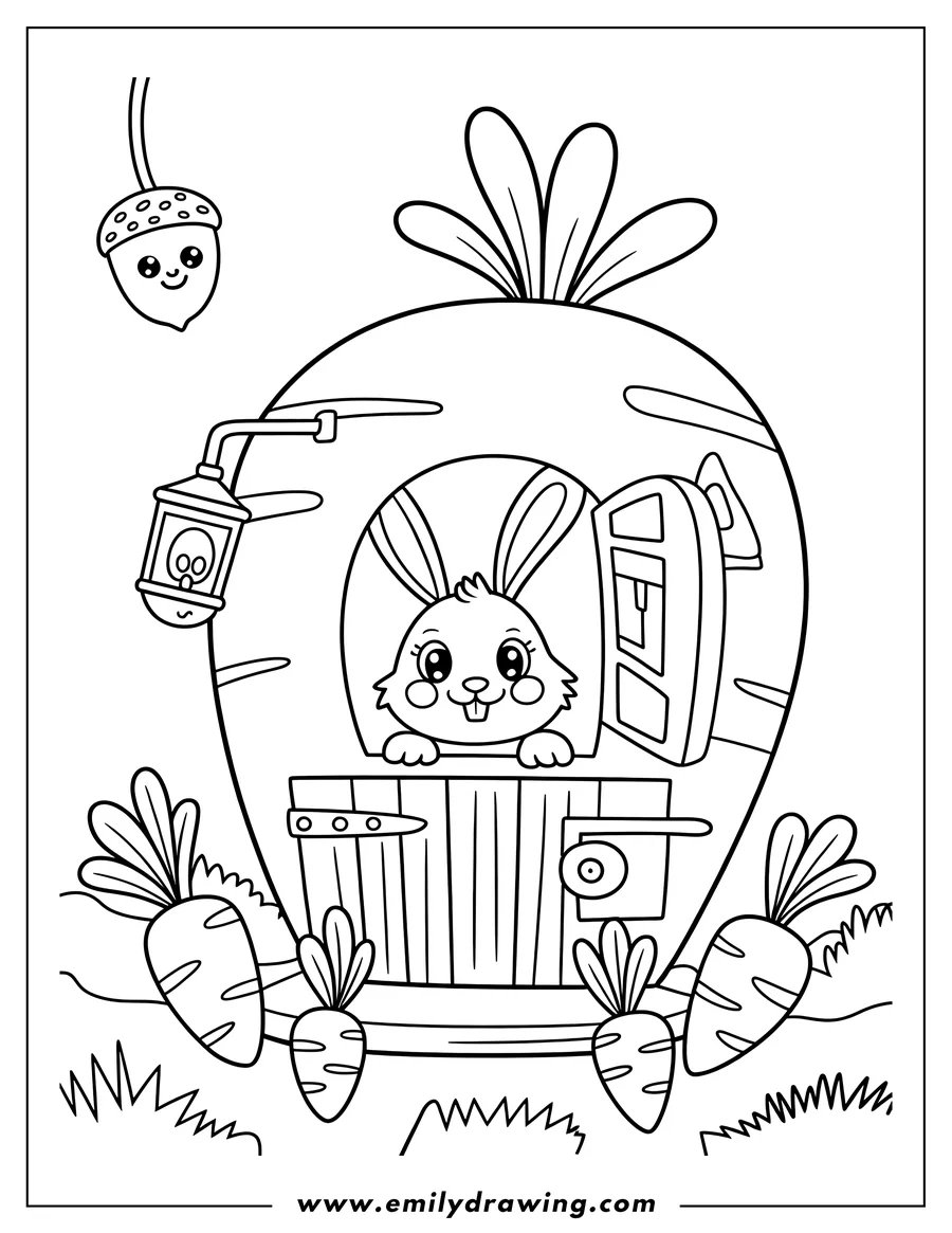 Outline of a cute bunny peeking out of a carrot-shaped house, surrounded by carrots, a lantern, and a smiling acorn.