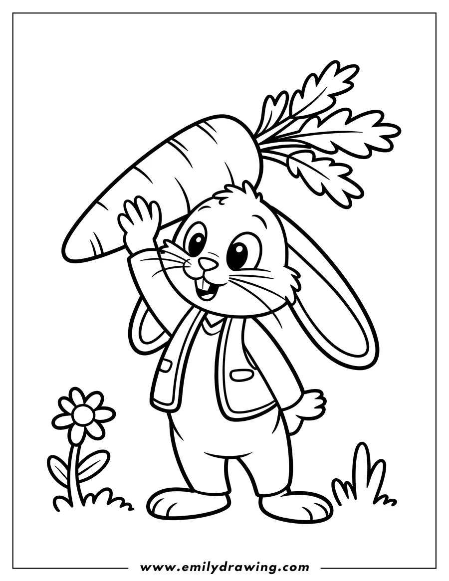 Outline of a cheerful bunny carrying a large carrot over its shoulder.