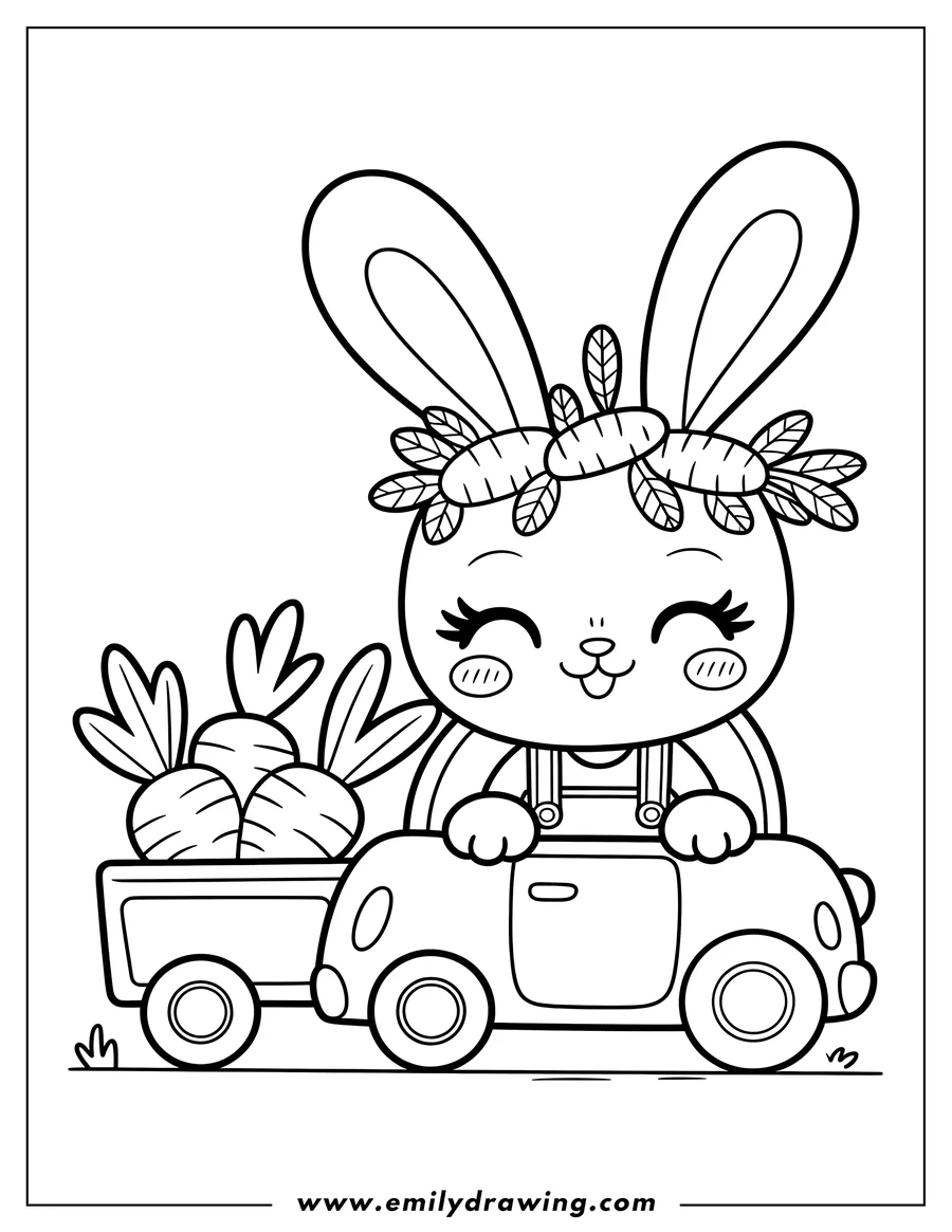 Outline of a cheerful bunny driving a small car with a trailer full of carrots. The bunny wears overalls and a crown of carrots and carrot tops.