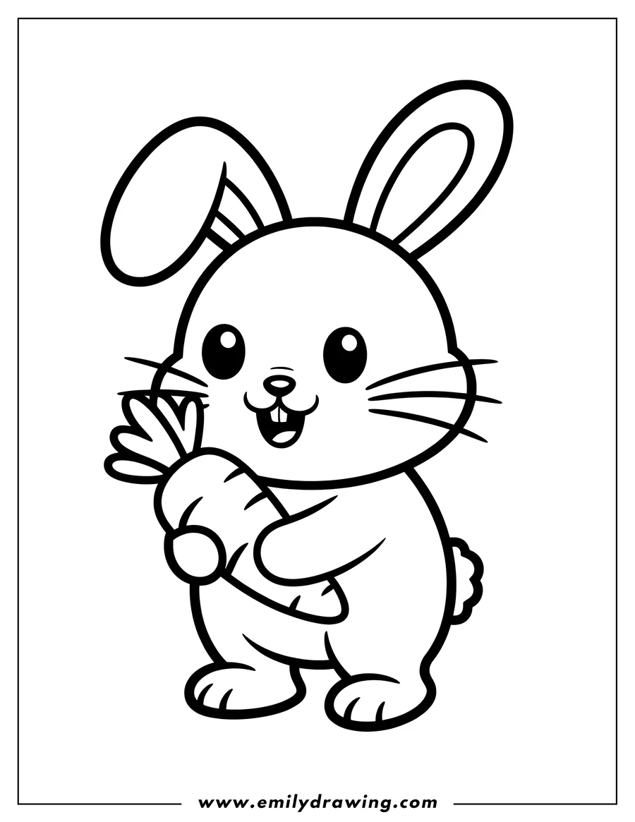 Outline of a cheerful bunny holding a large carrot.