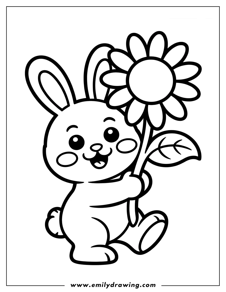 Outline of a cheerful bunny holding a large sunflower with a single leaf.