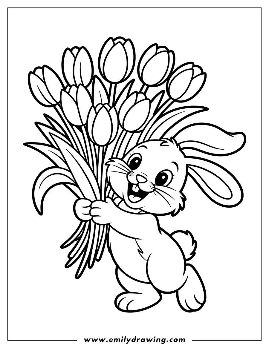 Line art of a cheerful bunny holding a bouquet of tulips.