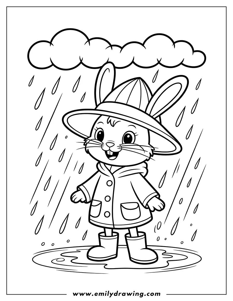 Line art of a bunny wearing a rain hat and raincoat, standing in puddles with rain falling around it.