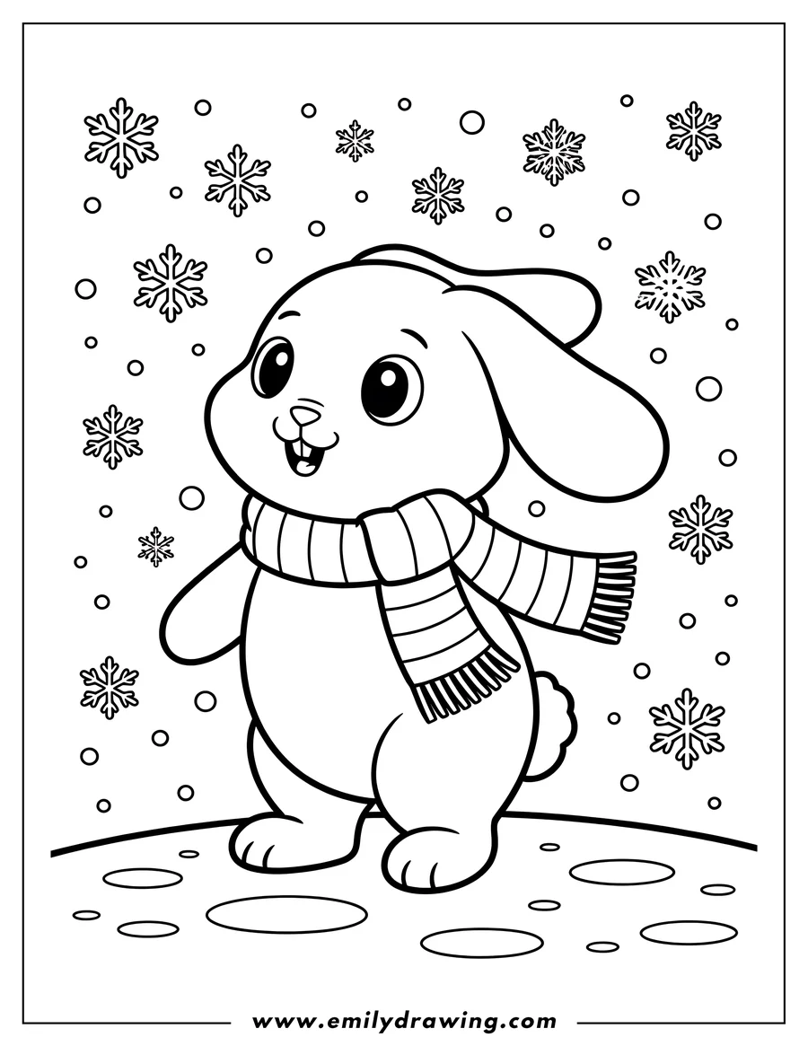 Outline of a bunny wearing a striped scarf, standing in the snow with snowflakes falling around it.