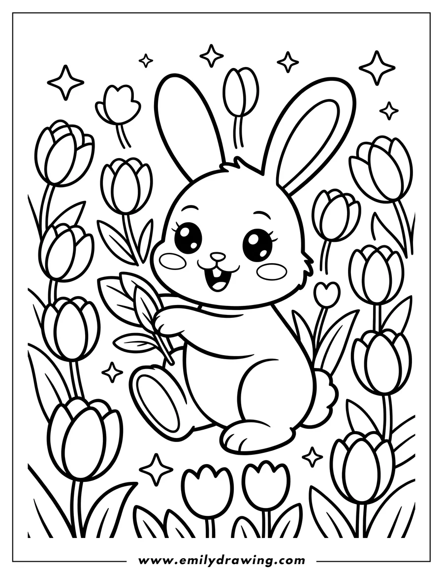 Outline of a cheerful bunny sitting in a garden surrounded by tulips.