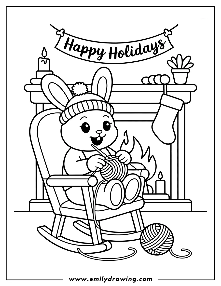 Outline of a bunny wearing a winter hat, sitting in a rocking chair and knitting by a fireplace with a Christmas stocking hanging from the mantelpiece.