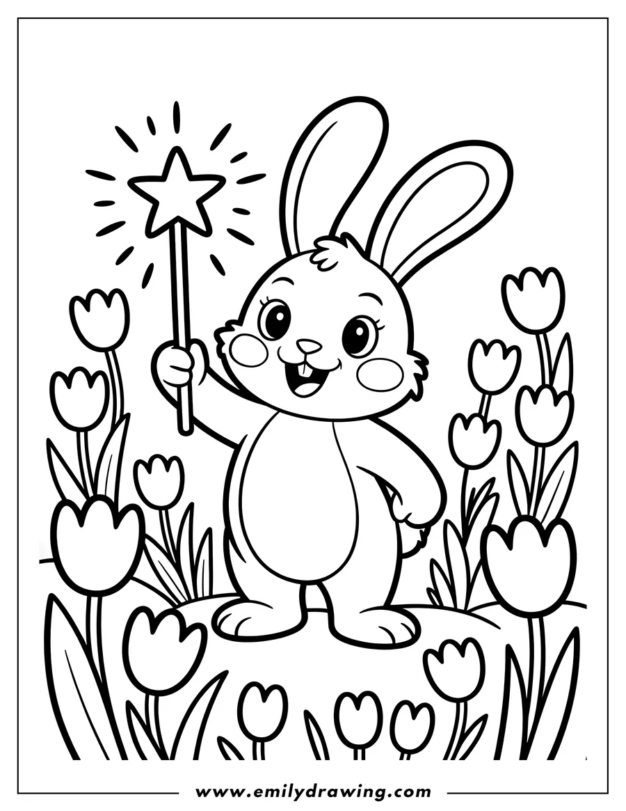 Outline of a bunny holding a magic wand, standing in a garden full of tulips.