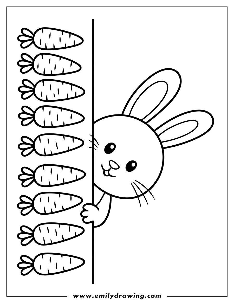 Outline of a bunny peeking around a bunch of carrots.
