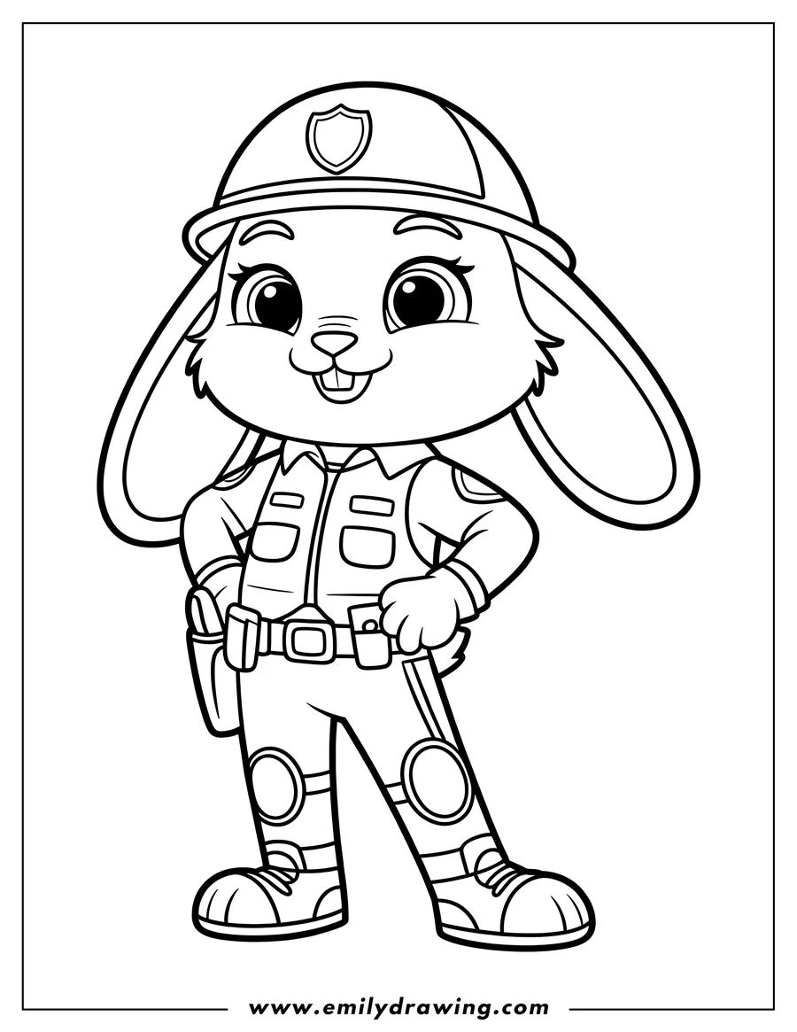Line art of a bunny dressed as a police officer, complete with a hat, uniform, and sturdy shoes.