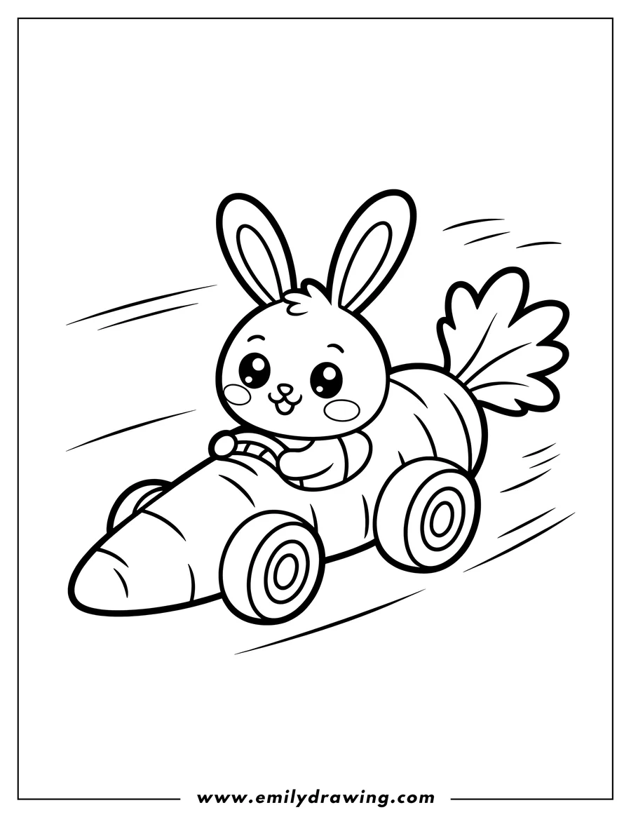 Outline of a bunny driving a carrot-shaped race car. It appears to be moving fast, indicated by motion lines behind it.