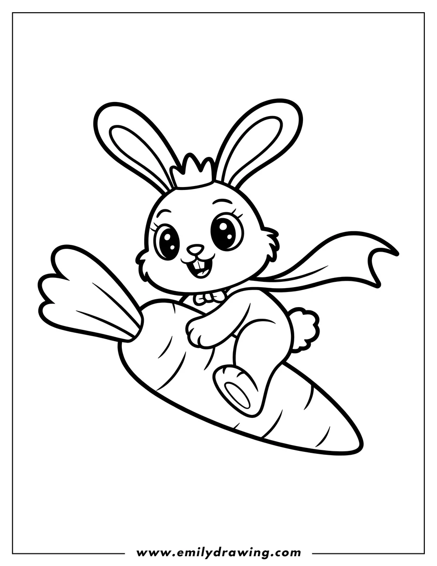 Outline of a cheerful bunny wearing a small crown and cape, riding a large carrot like it's flying.