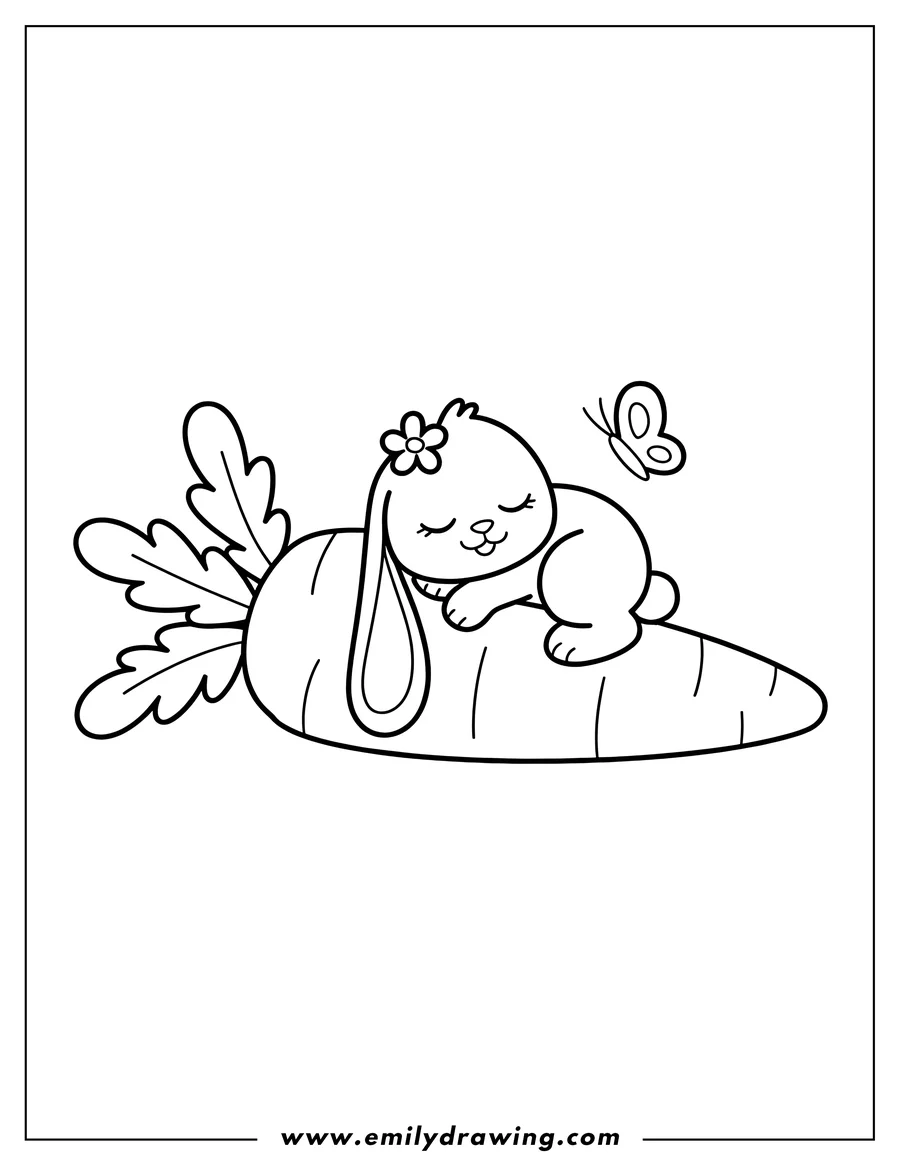 Outline of a bunny sleeping peacefully on top of a large carrot, with a butterfly nearby.
